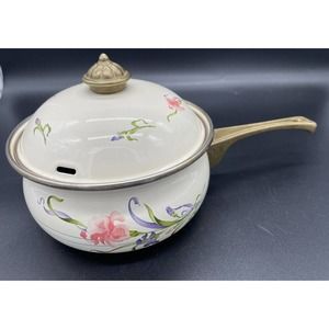 LINCOWARE ENAMEL SAUCEPAN 5 INCH WITH LID BRASS HANDLE VINTAGE 5" Saucepan